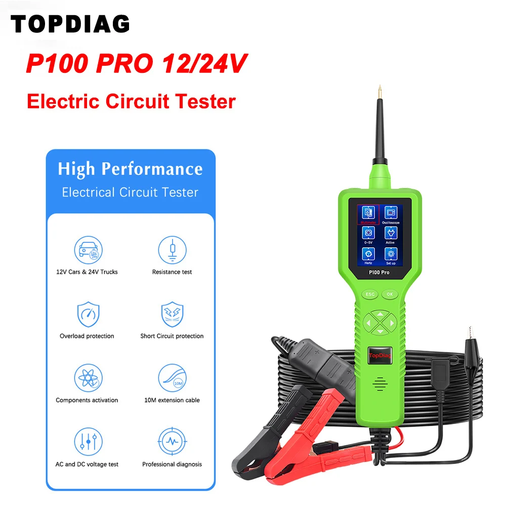 2024 NEWEST Topdiag P100 Pro Automotive Circuit Tester Car Power Circuit Probe Kit 12V 24V Battery Tester Auto Diagnostic Tool