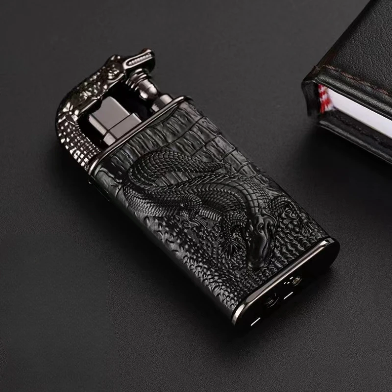 2023 3D Relief Dragon Crocodile Double Fire Lighter Metal Windproof Jet Fire Open Fire Conversion Gas Lighter Smoking Men\'s Gift