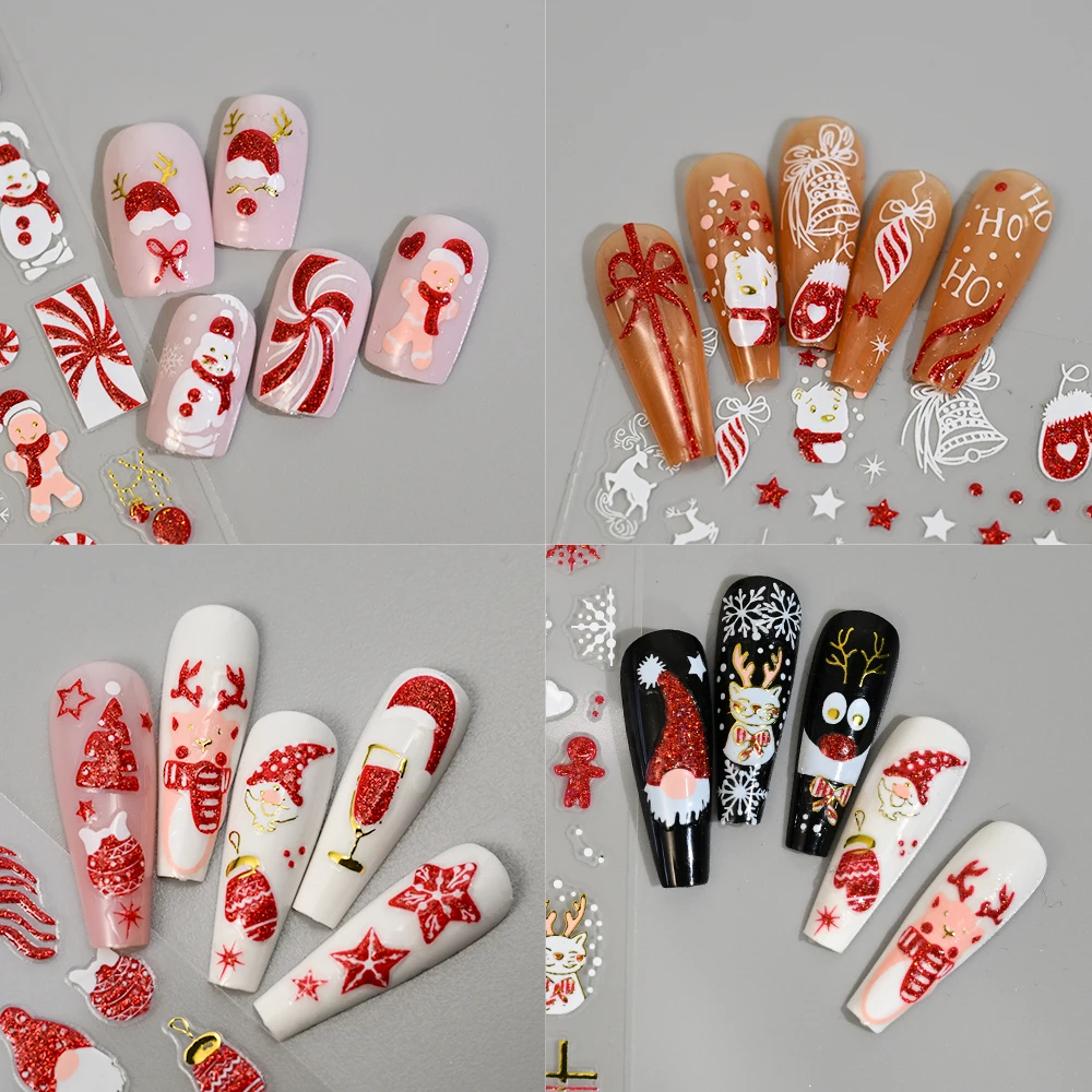 1 pz 3D rosso glitter Babbo Natale alce stella nail art adesivo cervo fiocchi di neve cursori per unghie di Natale per l'inverno Natale manicure decalcomania