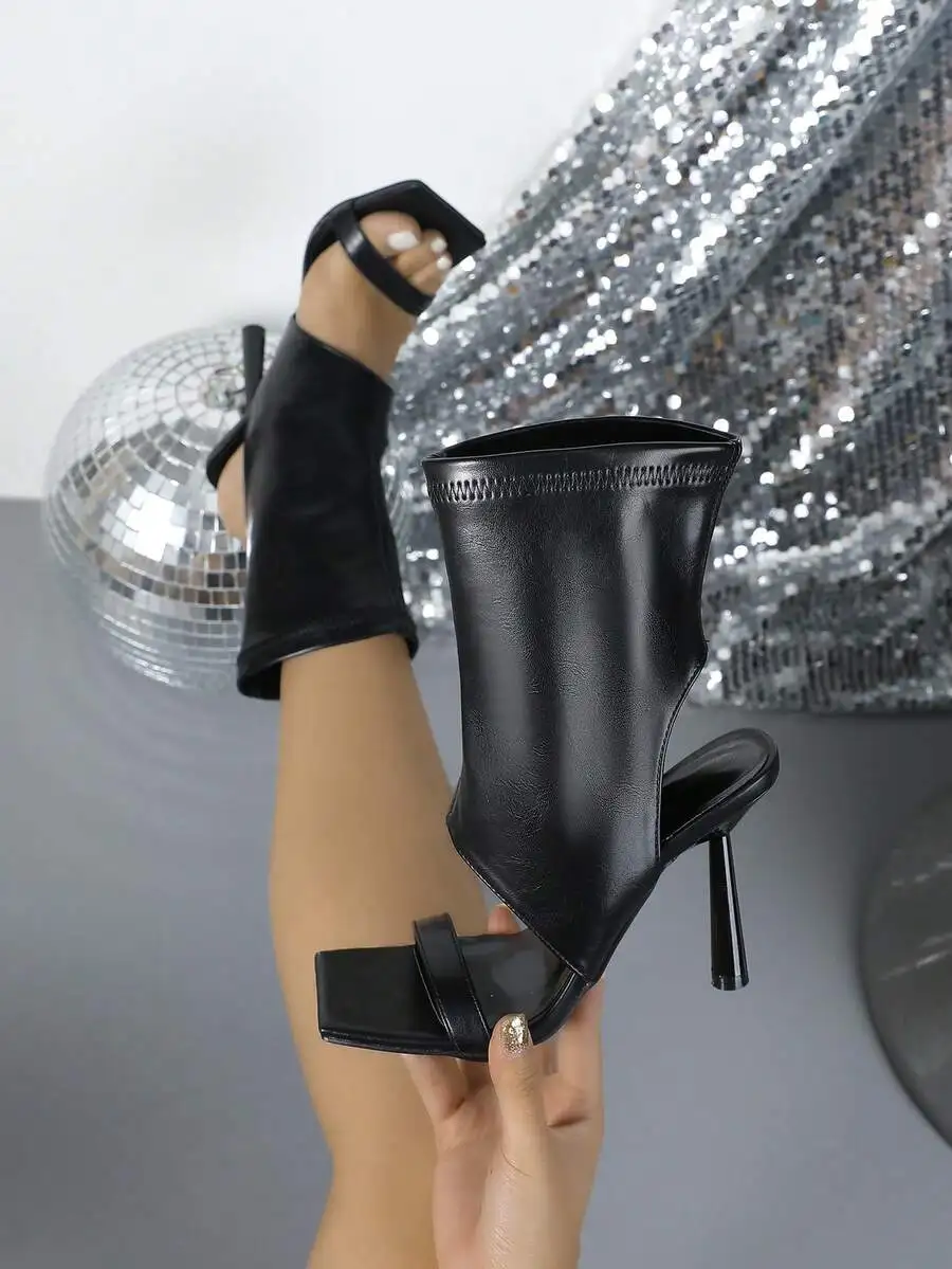 

Women's Elegant Strap Design High Heel Ankle Boots, Stylish Solid Color Footwear Suitable for Daily Commute and Casual Occasions