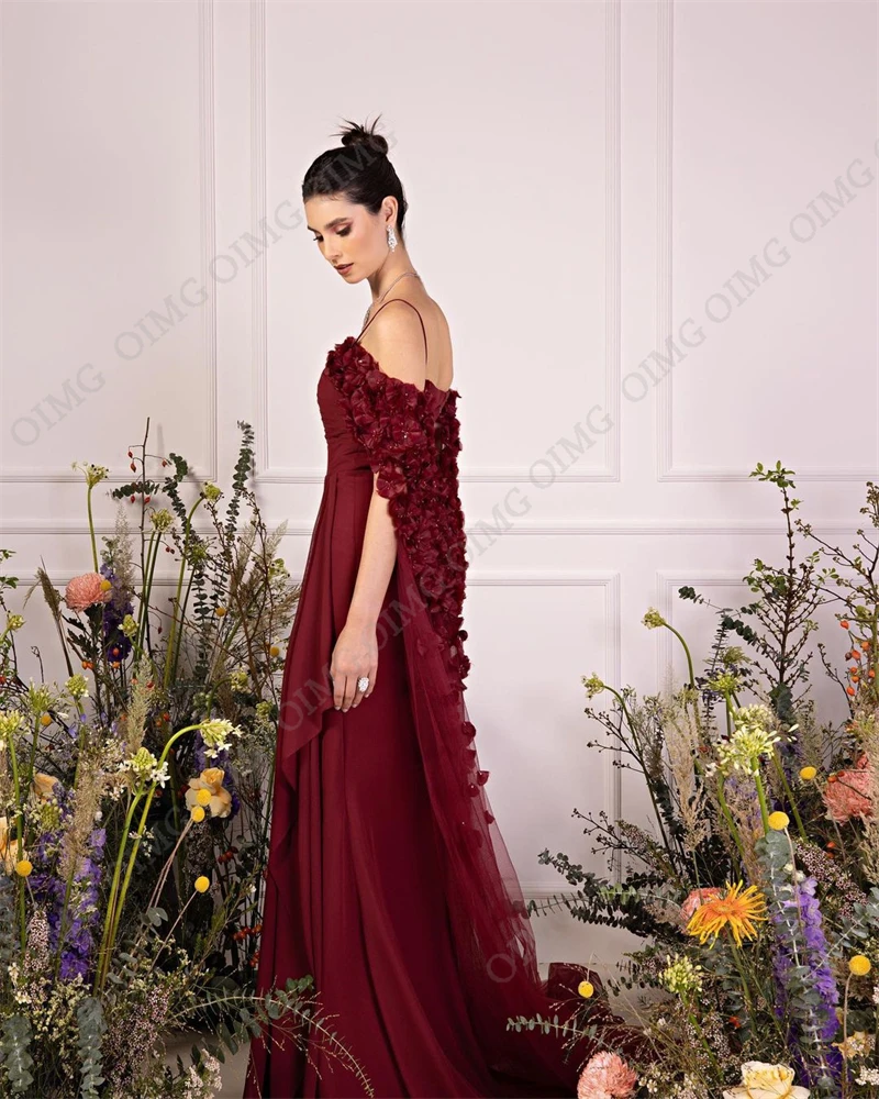 Dunkler Wein rote Blumen Abendkleid schwarze Spitze von der Schulter Ballkleider Spaghetti träger formale Hochzeits feier Kleid für die Graduation