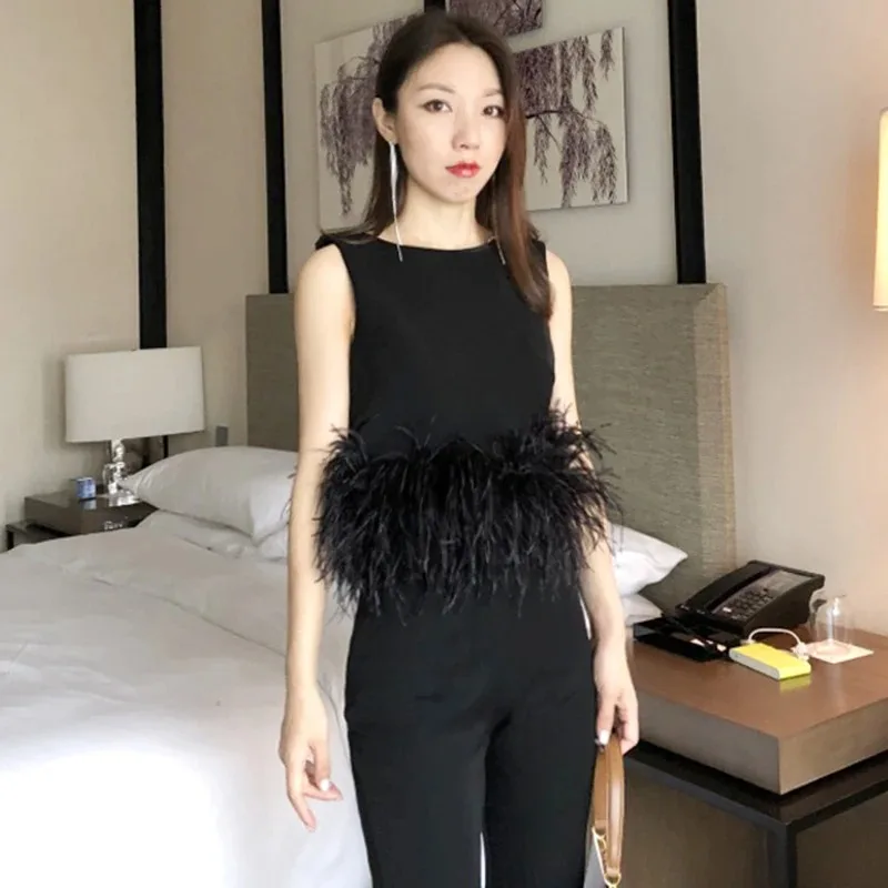 EVACANDIS Women Round Neck Black Patchwork Feathers Korean Fashion Shirt Top Sleeveless Slim Tops Female 2021 Summer Clothing