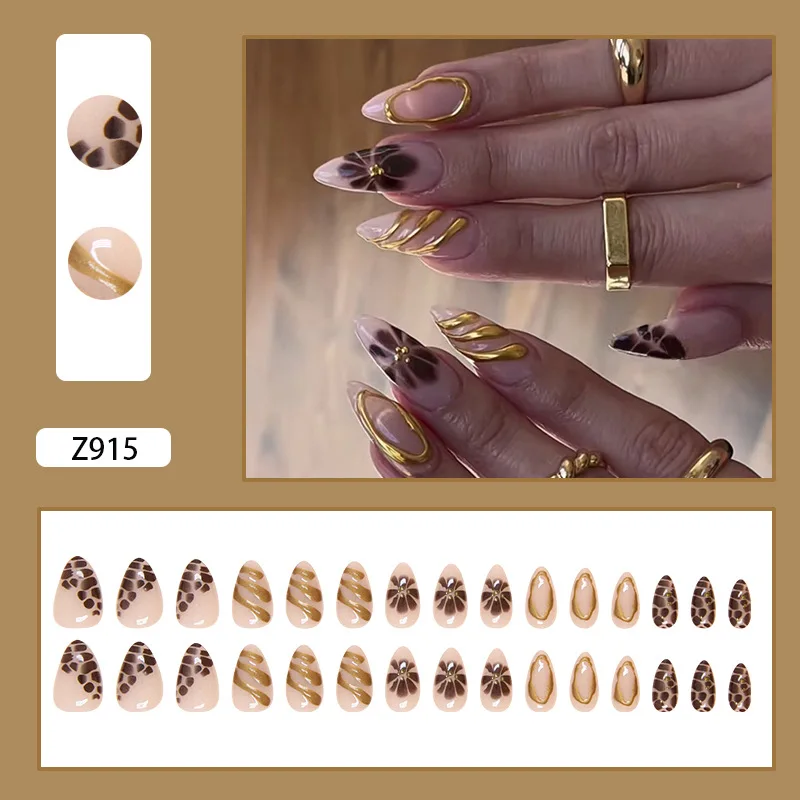 24pcs Y2k Style False Nails Flower Print Gold Powder Design Press On Nails Simple Korean Style Wearable Almond Fake Nail Patches