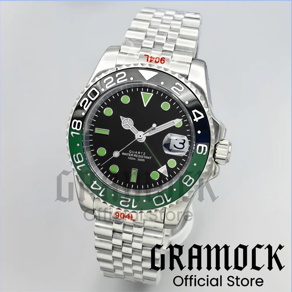 Gramock 40MM GMT Watch For Men Sky Blue Ceramic Bezel Steel Oyster Strap Men's Watches Sapphire Glass Waterproof Reloj Hombre view 5