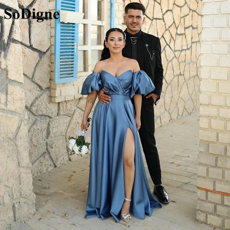 

SoDigne Satin Prom Party Dresses For Wedding Short Sleeves Sexy Side Split Prom Gowns Custom Made Evening Dress