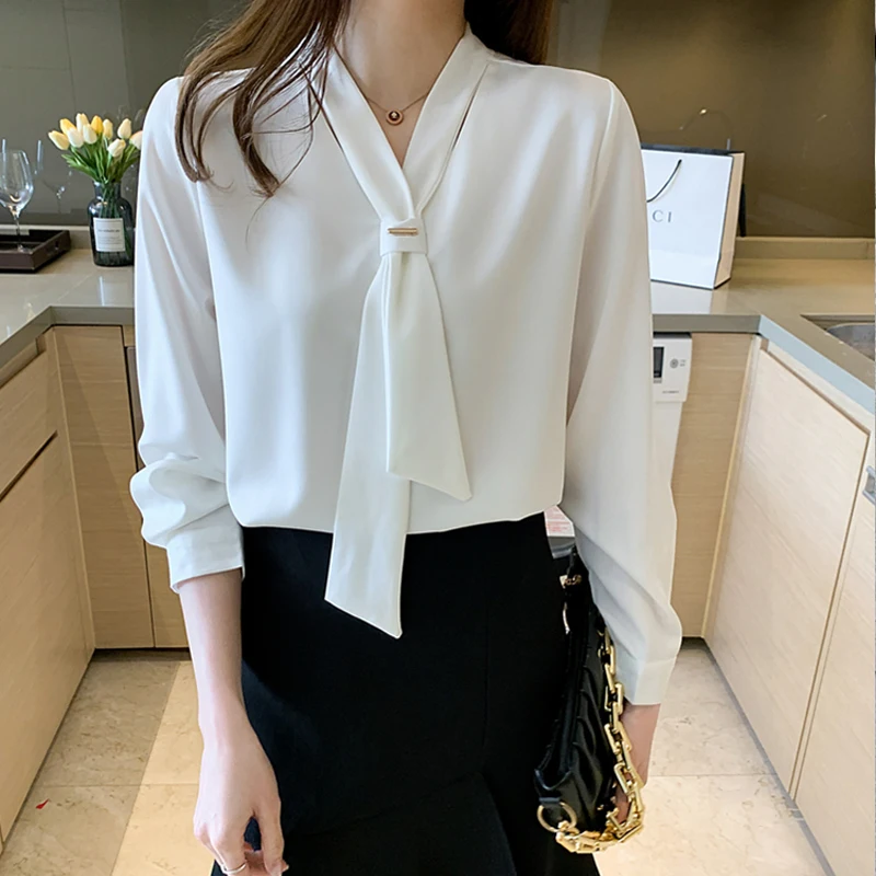 2023 Fashion Chiffon Blouse Women Tops Office Long Sleeve White Women Shirts With Tie V Neck Loose Female Clothing New 13022