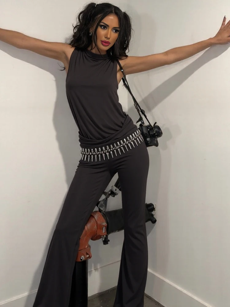 

Nibber Street o-Neck Casual Fashion Jumpsuit Woman 2026 Spring Style Side Hollow Design Sleeveless Ruched High Waist Overalls