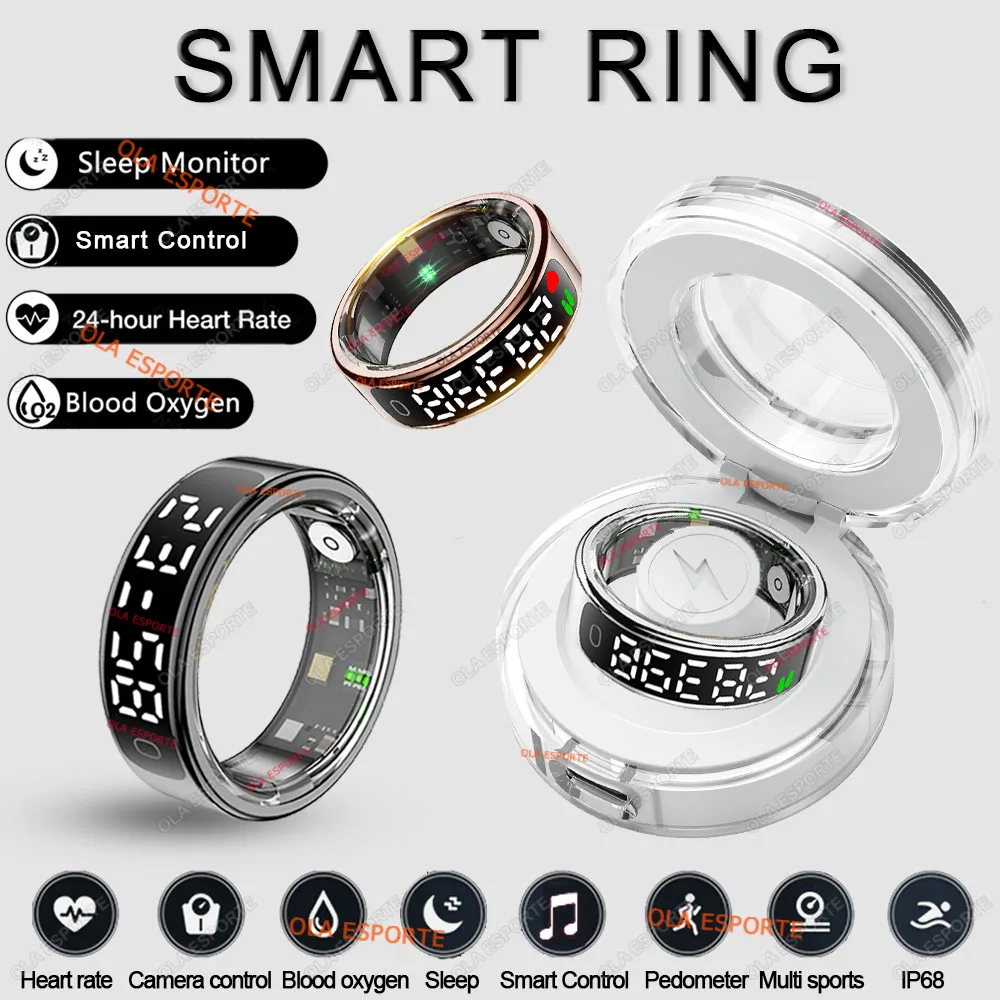 R13 Smart Ring with Display Screen and Touch,Wireless Charging Case,Health Manager,5ATM Waterproof Men Women Ring For Android OS
