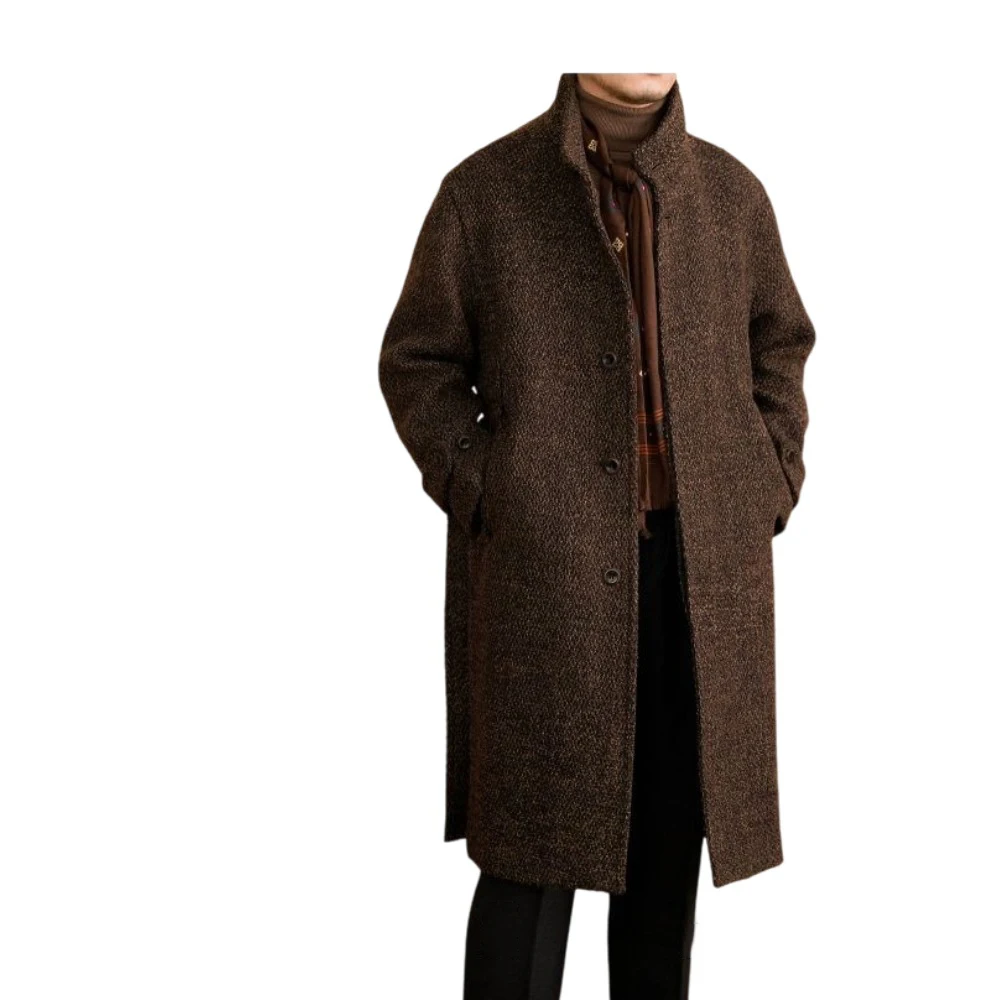 Wool Blend Coat Men Over Jacket with Belt Herringbone Pattern Double Breasted Overcoat Plus Size Warm Formal Business Customized