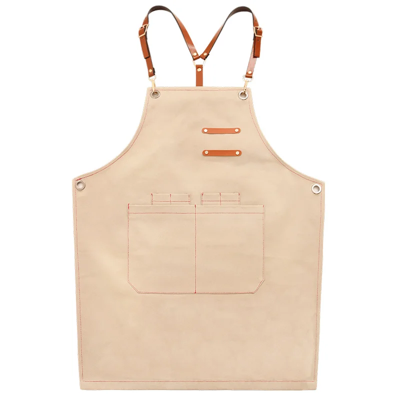 Durable Canvas Leather Strap Apron with Pocket for Cafe Barista Hairdresser Kitchen Cleaning Baking Work Durable Pocket Pinafore