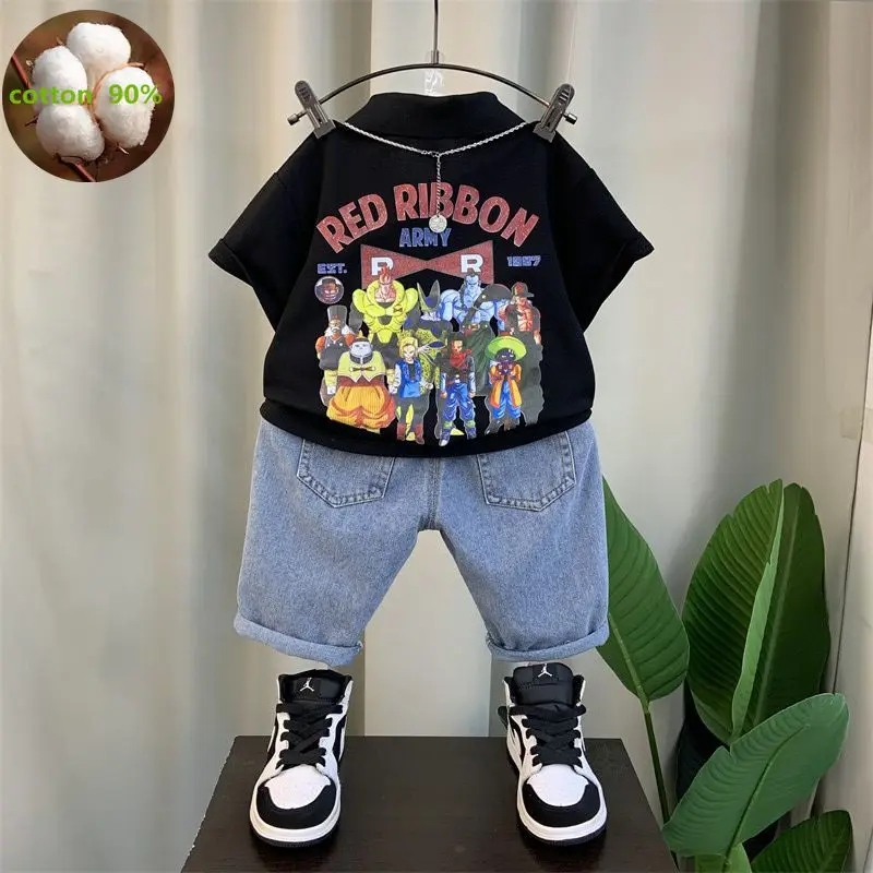 Korean Summer Kids Clothes Boys Shorts Set Cartoon Short Sleeve T-shirts + Denim Jeans 2pcs Suits for Boys Clothes 2-12 Y