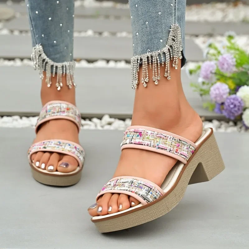 

Summer Versatile Casual Outdoor Women's Slippers 2025 New Women's Shoes Peep Toe Square Heel Concise Large Size Shoes Ladies