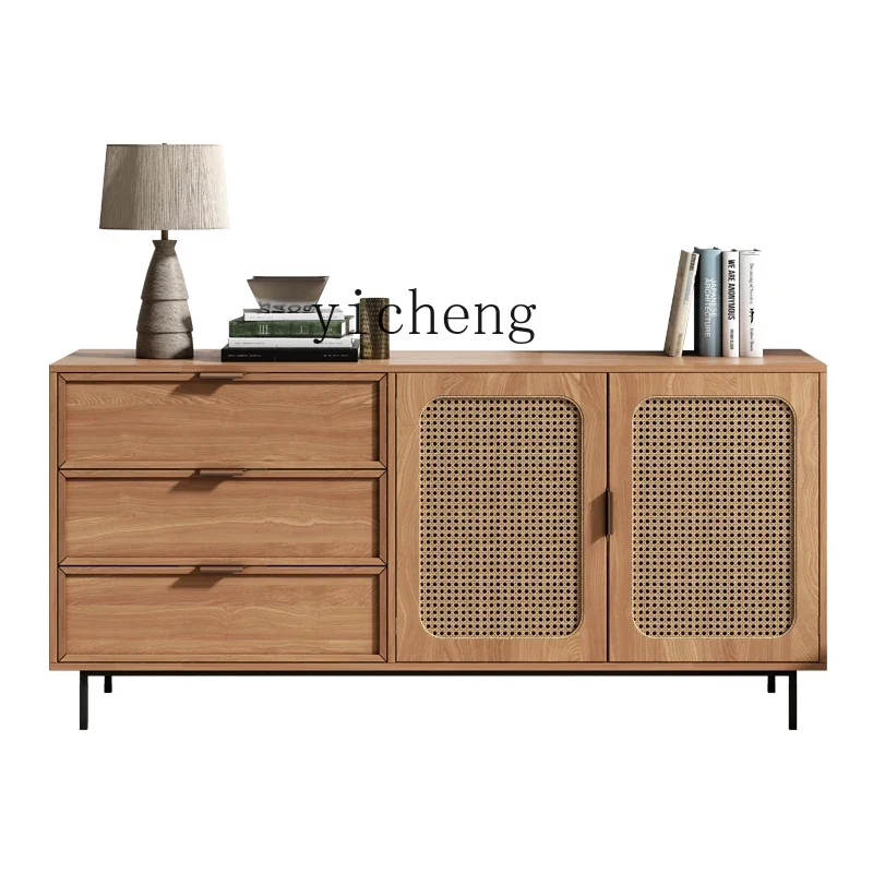 ZC Sideboard Rattan Solid Wood Locker Nordic Retro Hallway Bedroom Entrance Cabinet