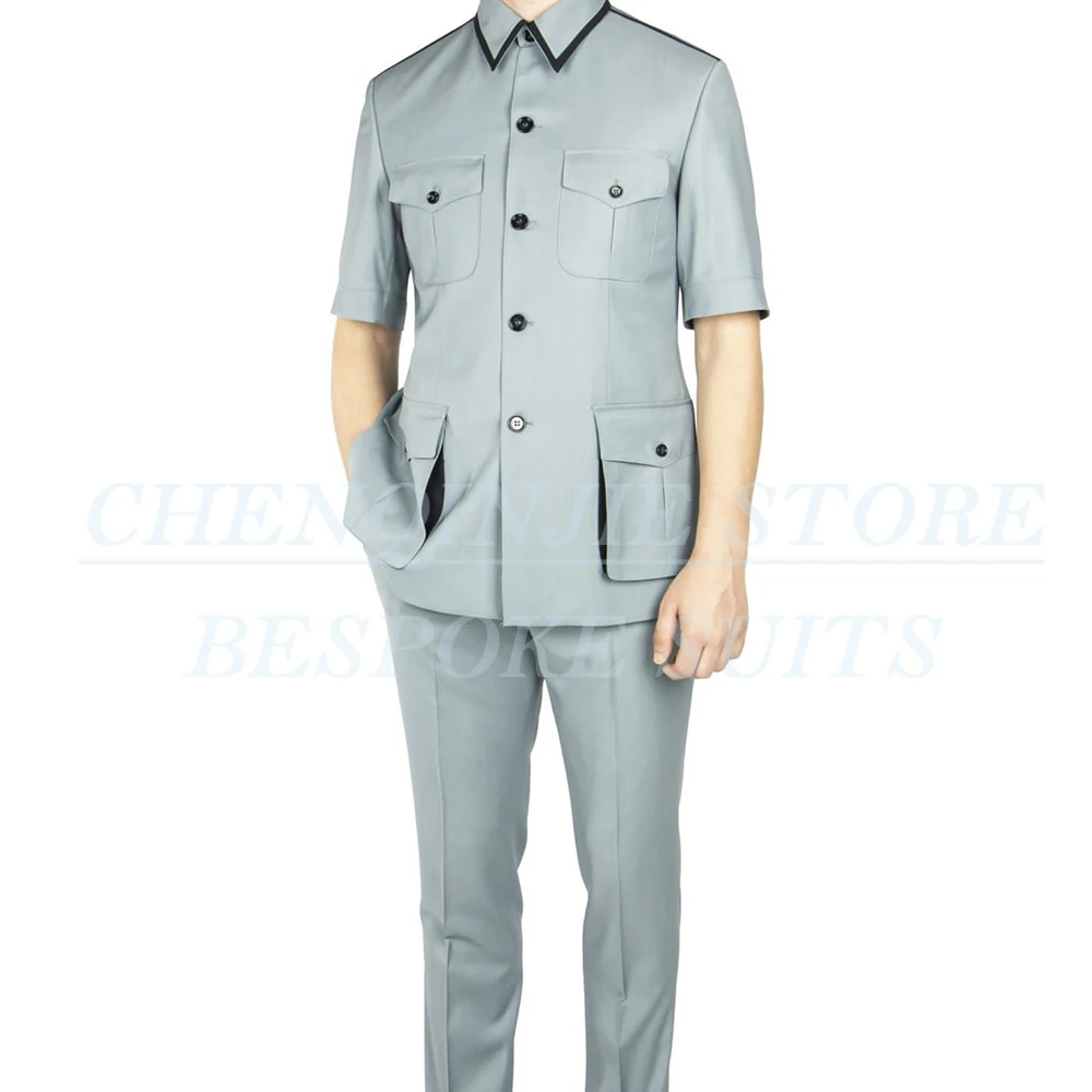 SILIWEYA Moda Manica Corta Abiti da Uomo Elegante Stand Risvolto Slim Fit 2 Pezzi Giacca Pantaloni Set Abbigliamento Maschile Personalizzato Blazer