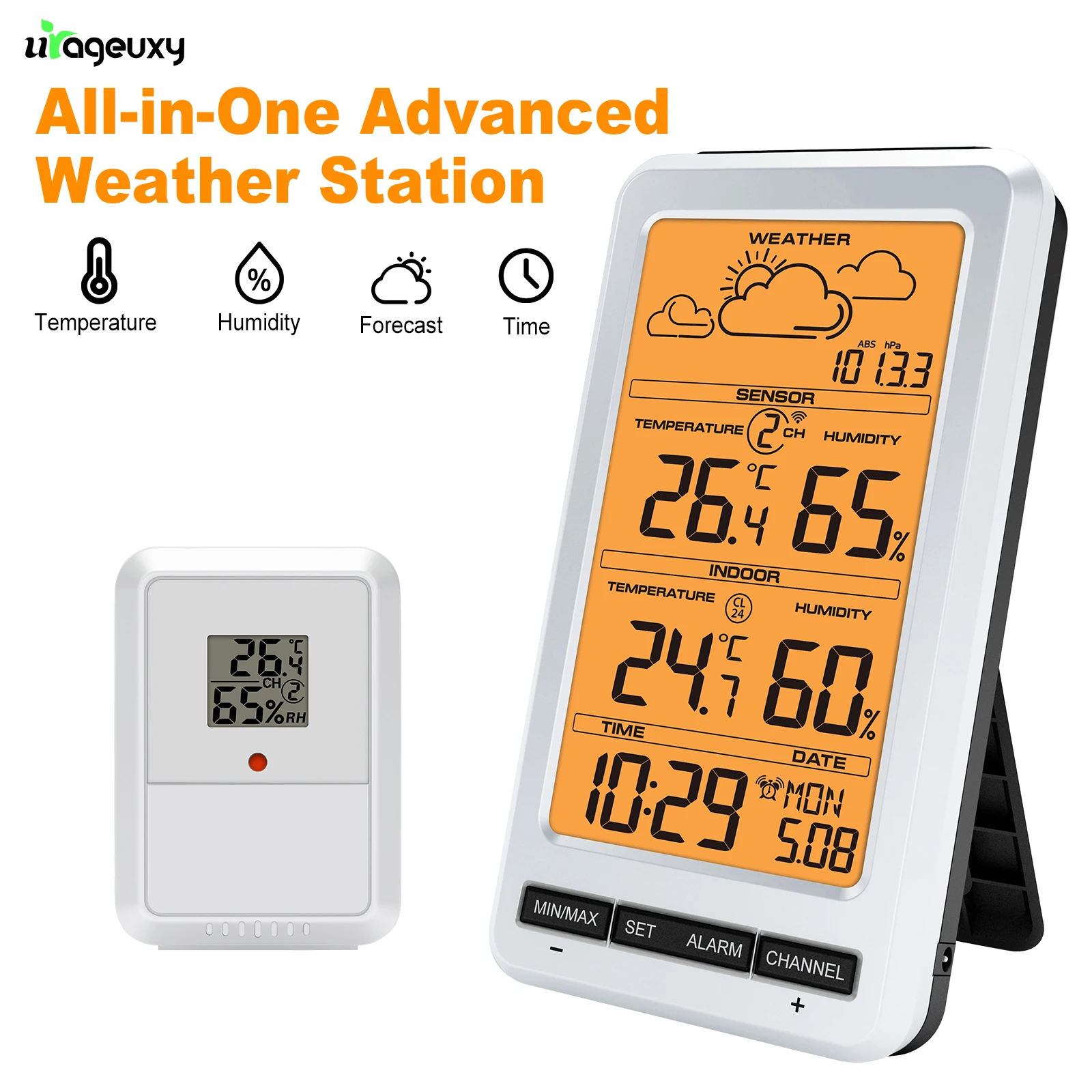 

Wireless Weather Station Indoor Outdoor Thermometer Hygrometer with LCD Backlight Temperature Humidity Gauge Forecast Time