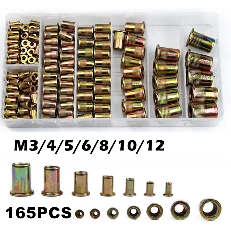 165pcs M3 M4 M5 M6 M8 M10 M12 Head Rivet Nuts Set Nuts Insert Reveting Multi Size Rivet Nuts Collocation