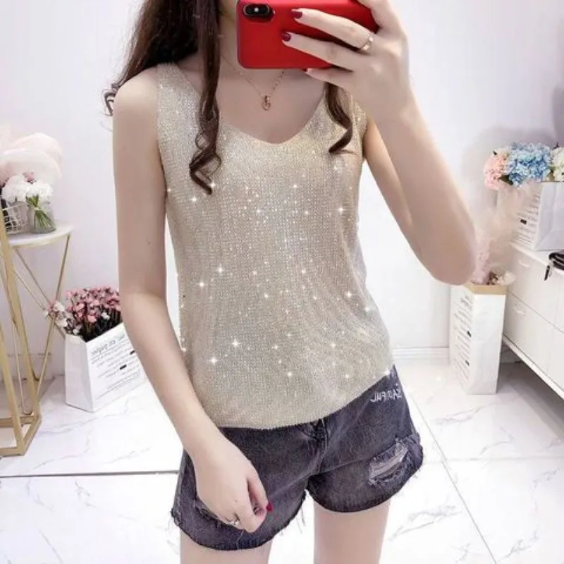 

Tops Women Summer Ice-silk Rhinestone Spaghetti-strap Tank Top Loose-fit T-shirt Sleeveless V-neck Undershirt Comfortable Casual