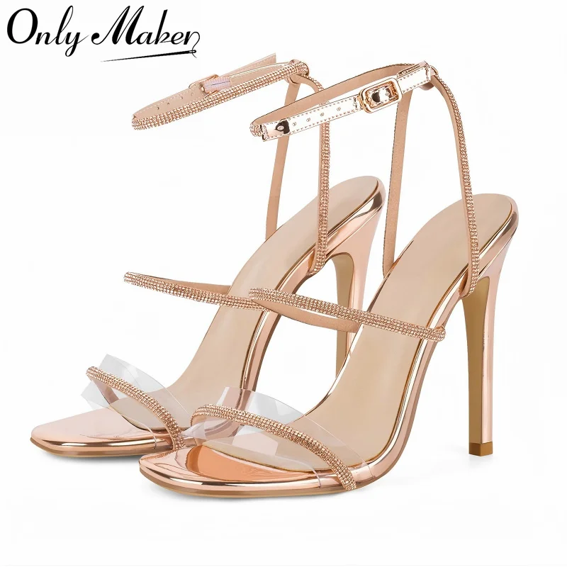 

Onlymaker Diamond Sparkly Ankle Strappy Sandals Stietto High Heels Rhinestones Large Size Thin High Heels Summer Sandals