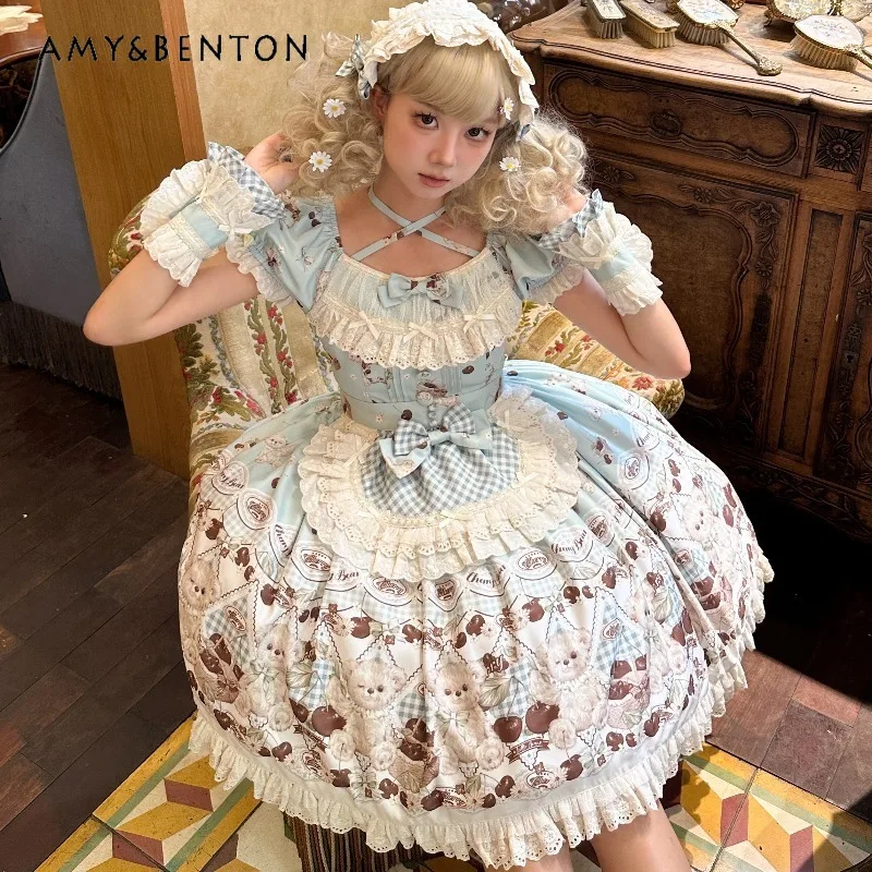 Urocza sukienka Lolita z nadrukiem, w stylu słodkiej dziewczyny, księżniczki, na co dzień, oryginalna, urocza, z kokardą, bufiastymi rękawami, wiązana na szyi, dopasowana mini sukienka, sukienki wieczorowe.