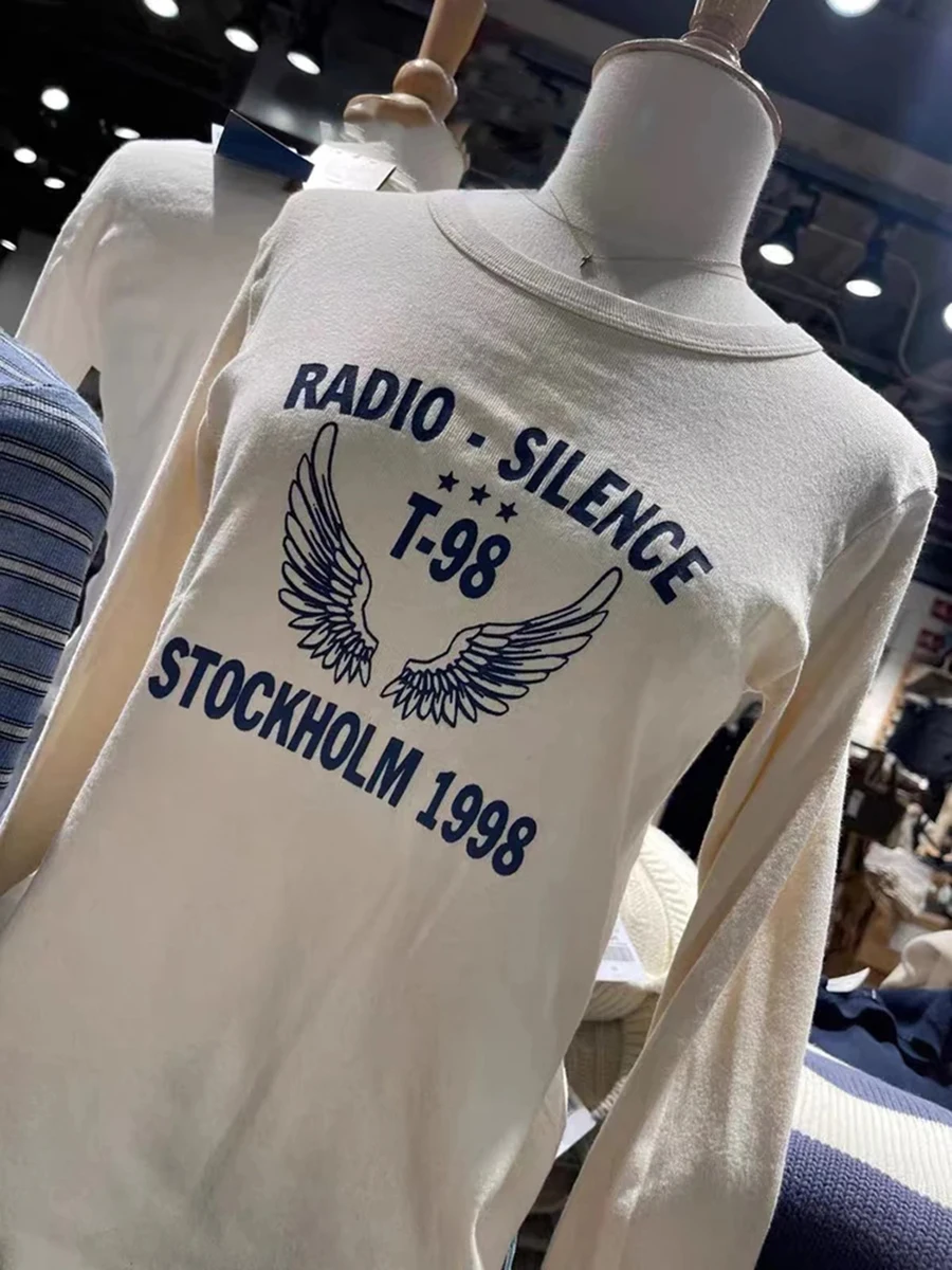 رسالة الجناح طباعة تي شيرت المرأة الخريف جديد س الرقبة القطن سليم كم طويل تيز الشارع الشهير شيك بسيط Vintage القمم الملابس