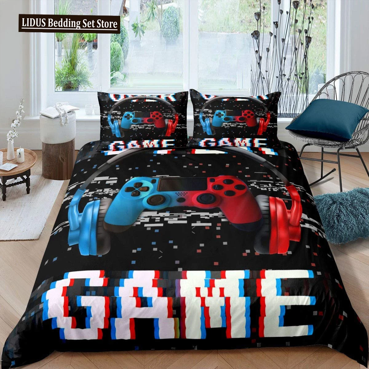 Video Games Bedding Set 3D Headset Headphones Gamer Gamepad Duvet Cover Set,Boys Music Quilt Set,Gaming Controller Bedroom Decor