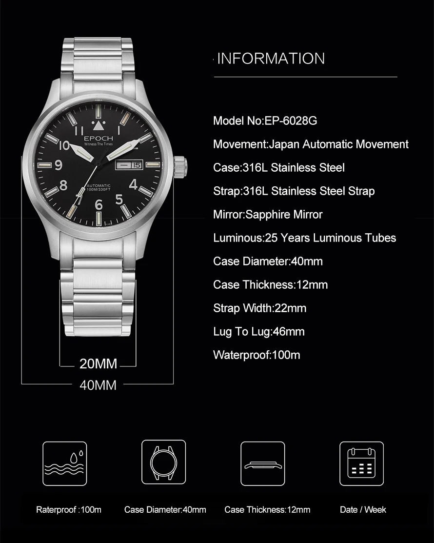 EPOCH Men Automatic Watch 40MM Luxury Mechanical Wristwatch 25 Years Luminous 100M Waterproof Sapphire Dual Calendar Miyota 8205