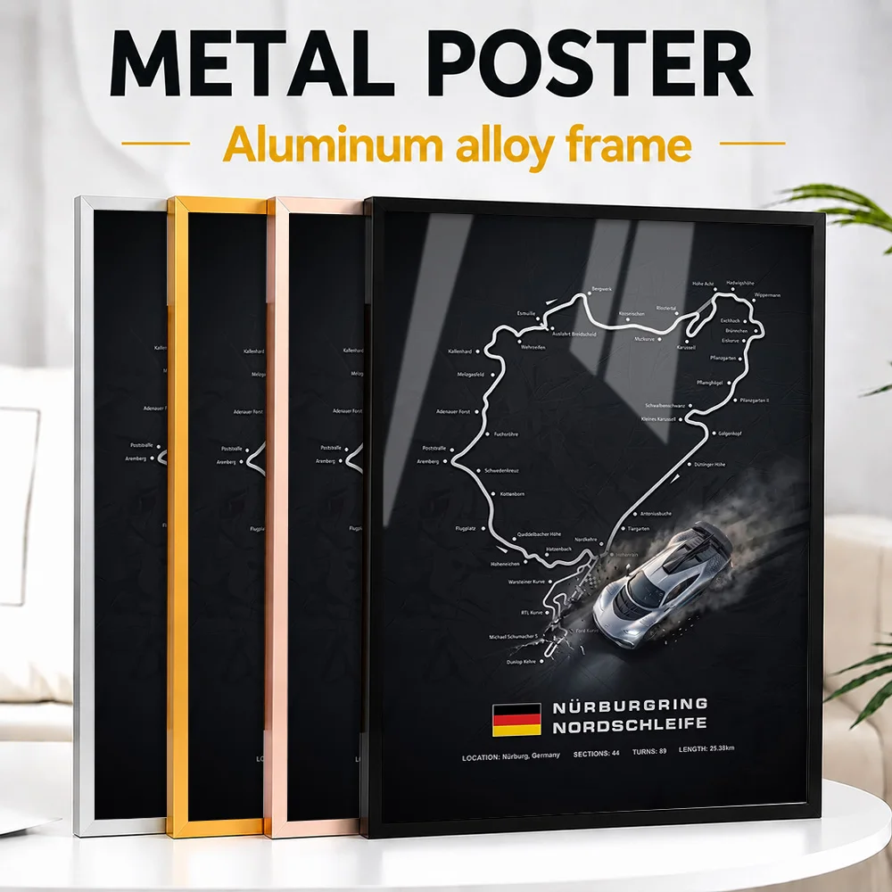 Nurburgring Nordschleife Circuit Map Framed Aluminum Metal Poster Customized Linework Wall Art For Home Racing Simulator Room