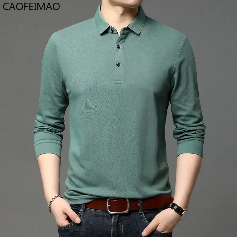 Caofeimao Polo Shirt Men Long Sleeve Business Casual Polo Shirt Mens Clothes Spring Autumn Solid Male Turn Down Collar Tops Tees