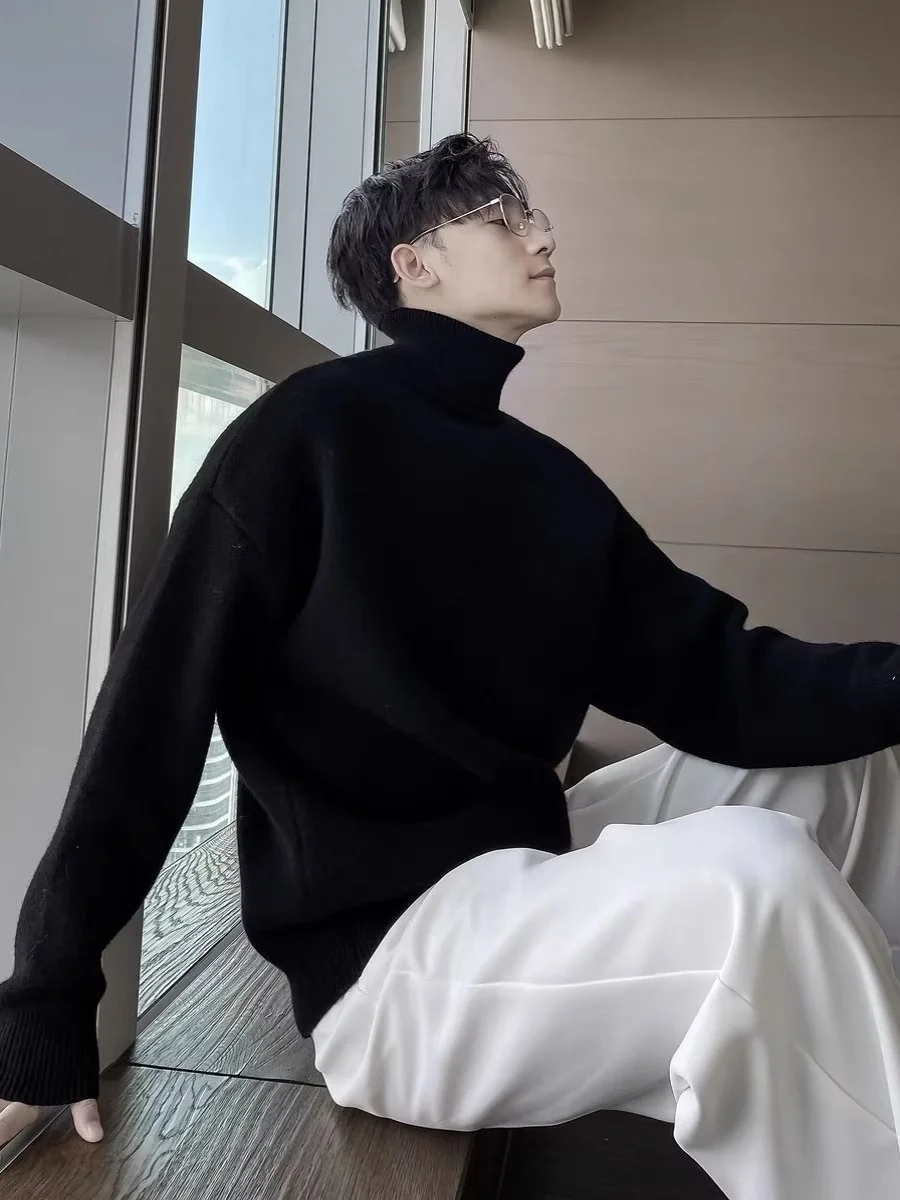 

Корейский утепленный свободный мужской вязаный свитер с высоким воротником, зимний теплый повседневный модный базовый слой, свитер-гольф