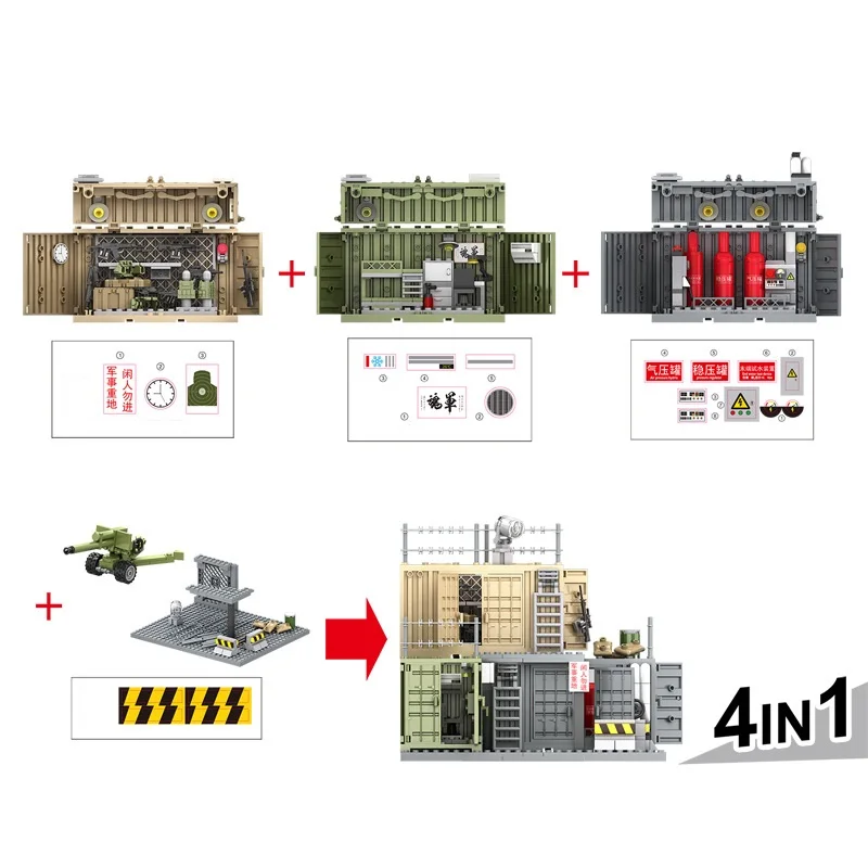 Militär MOC Armee Container Camp Waffen und Ausrüstung Lager Militärlager Schlafsaal Feuerpumpe Zimmer Bausteinspielzeug – Detail 3