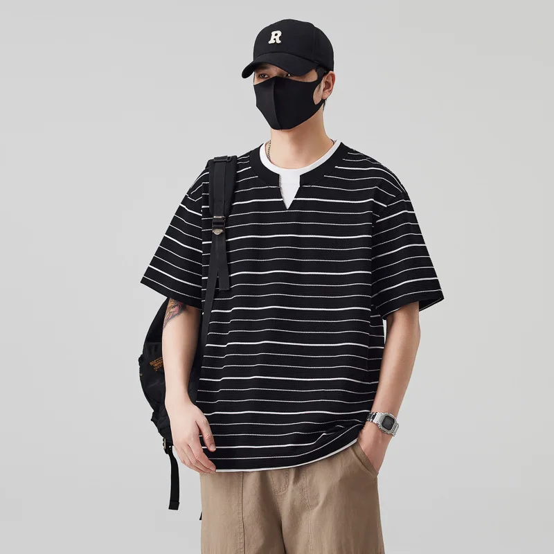 Men's Loose Casual Fake Two Piece Striped T-Shirt Trendy Simple Versatile Slim Fit Daily Commute Retro Streetwear Youth T-Shirt