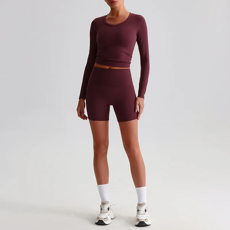 2PCS Women Sports Suit Solid Color Fitness Bra with Chest Pad + High Waist Shorts Front Fold Leggings Yoga Set Gym Workout