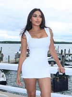 HH Female Summer Sexy Slim Dress 2 Color Solid Square Collar Sleeveless Backless Flower Decoration Women's Fashion Dresses - Image 5