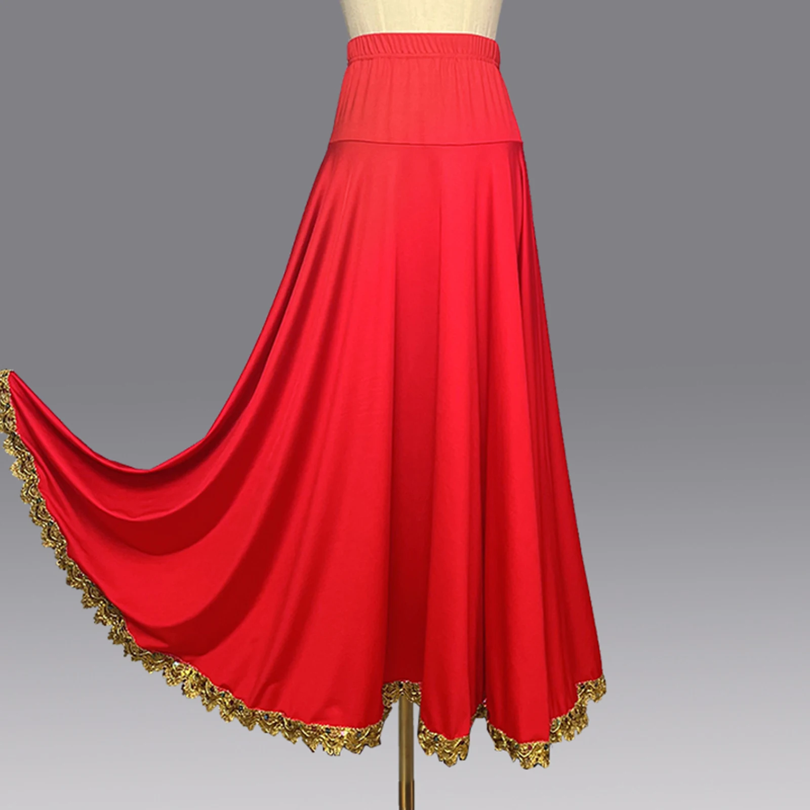 Damska spódnica do flamenco, tańca towarzyskiego, pełna okrągła spódnica maxi z wysokim stanem i falbanami do hiszpańskiego paso doble, tańca ludowego na placu i tańca brzucha.