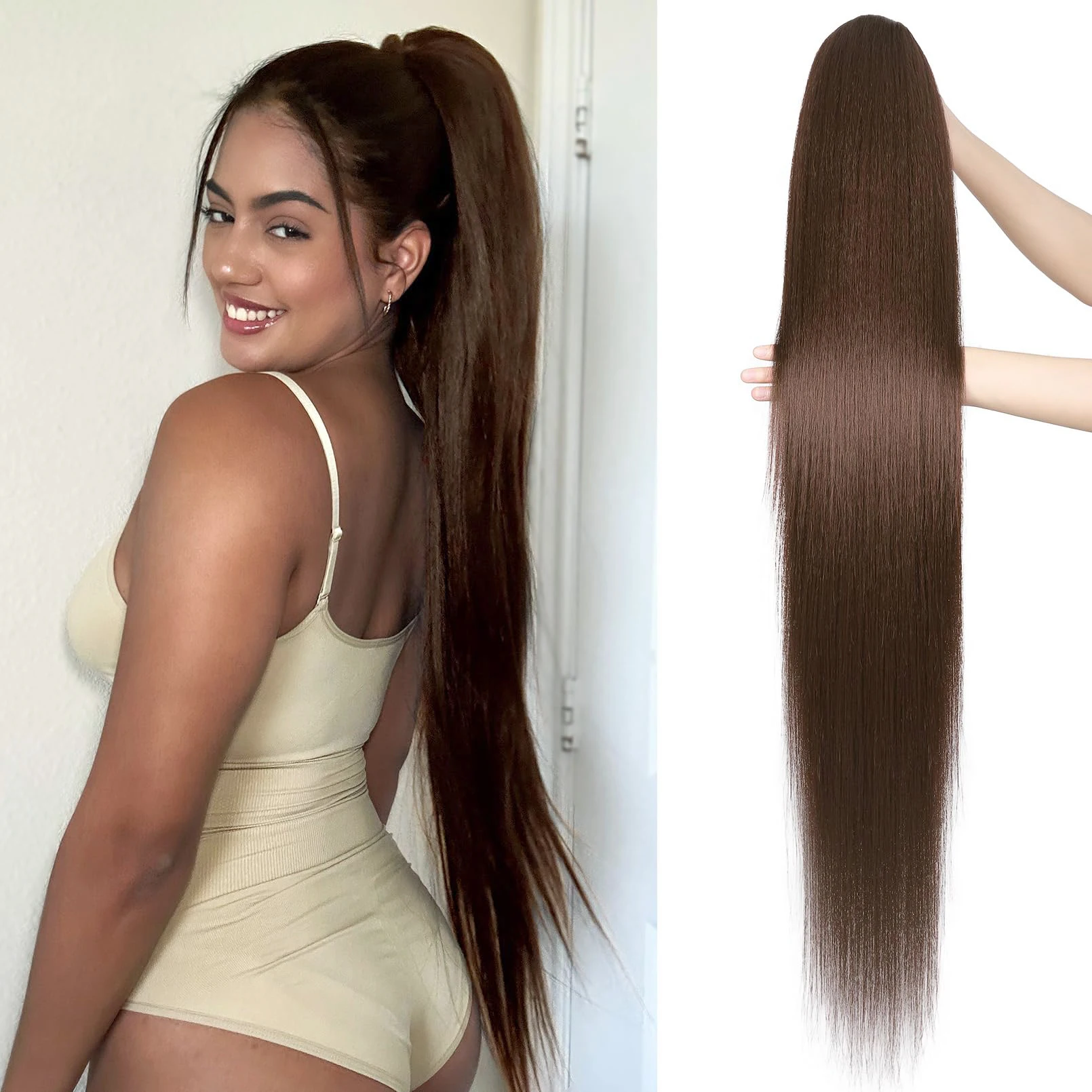 Straight Ponytail Human Hair Extensions #4 Medium Brown Straight Drawstring Ponytail Clip in Hairpiece For Black Woman 16-26Inch