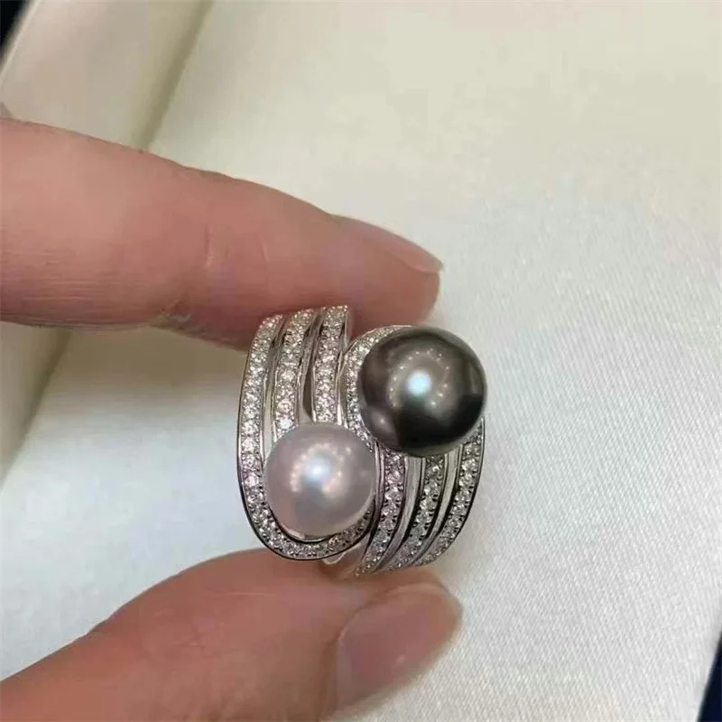 

Кольцо с двойным жемчугом Таитян и Акойя, роскошная серебряная оправа S925, 7-9 мм, штабелируемые эффектные ювелирные изделия с океанским драгоценным камнем