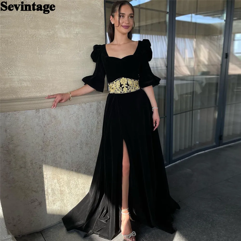 Sevintage Customized Black Prom Dress A-Line Puff Sleeves Lace Appliques Formal Evening Dress High Slit Floor Length Party Gowns