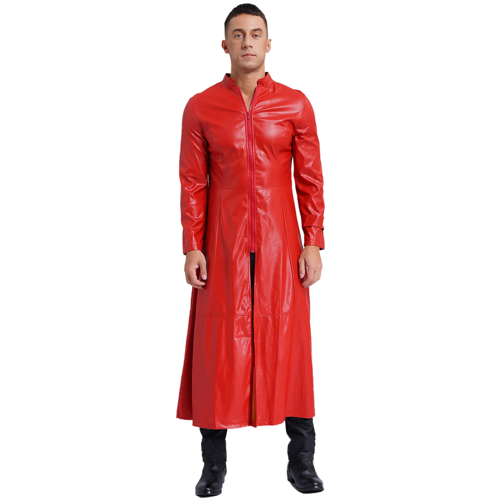 Herren Steampunk Kunstleder Trench Langer Mantel Stehkragen Reißverschluss Langarm Winddichte Jacken Cooler Punk Mantel Rave Clubwear