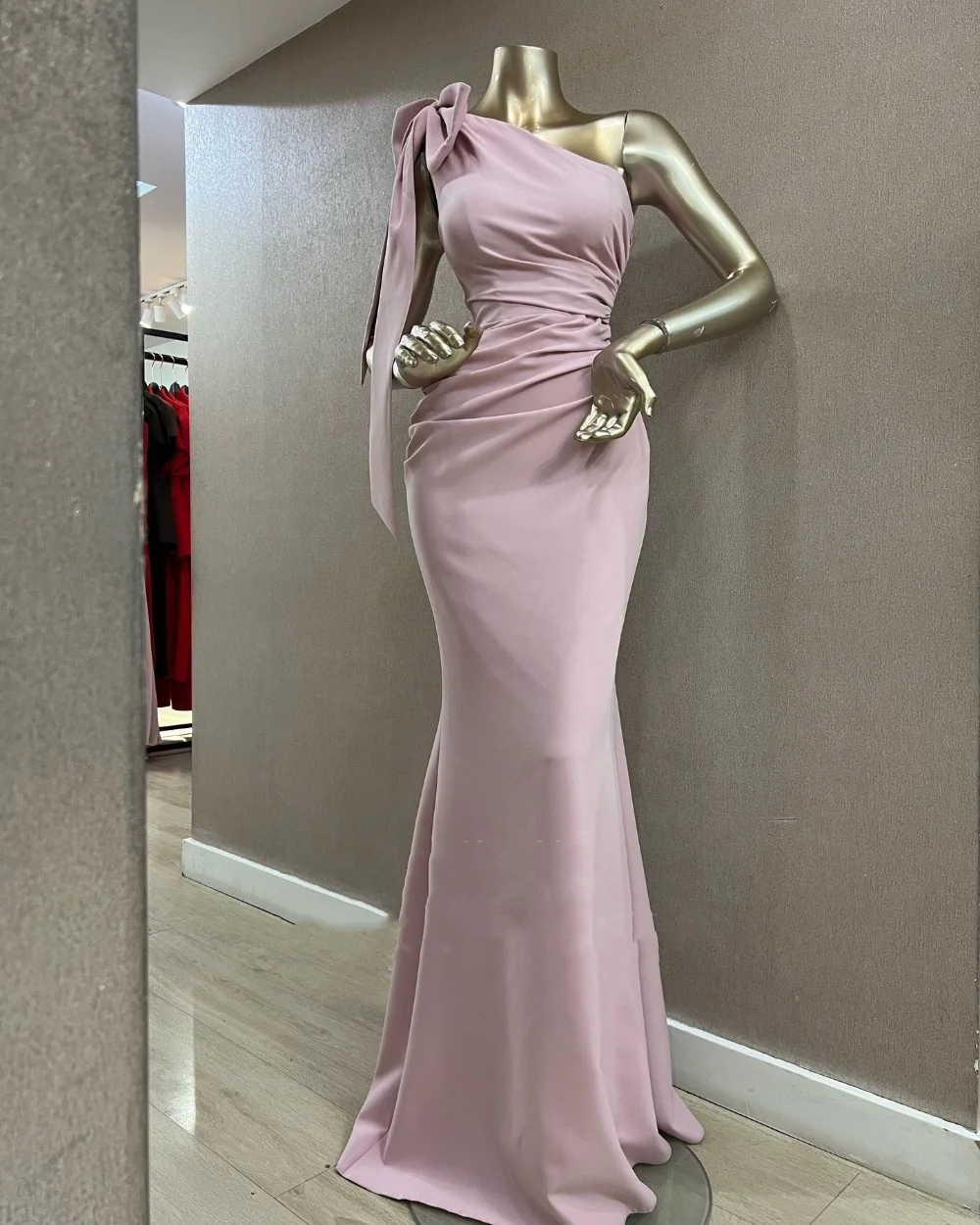 

Customized Modest Fashion Jersey Pink Pleat Ruched Bow Mermaid One-shoulder Long Dresses Evening Dresses Sizes Available