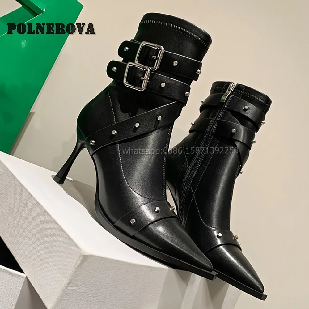 Belt Buckle Rivet Ankle Boots Pointed Toe Stiletto Patchwork Sexy Stretch Booties Punk Spicy Girl Luxury Shoes Cross Tied Spring