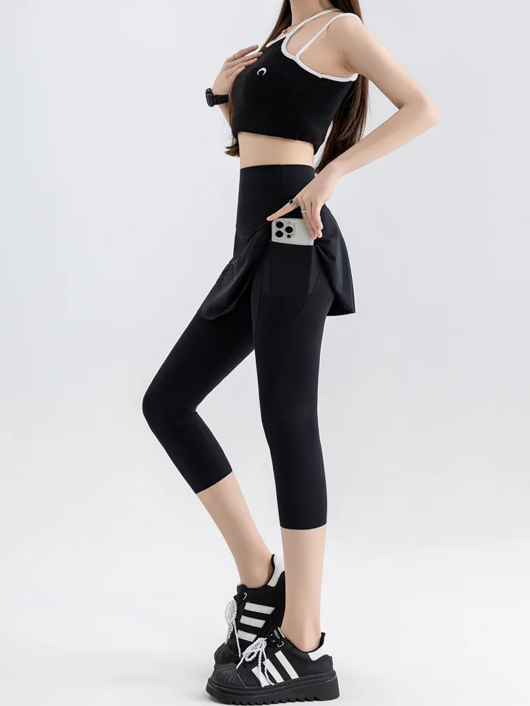 High Waist Yoga Pants Women's Thin Sporty Bottom Skirt Two-Piece Suit  Gold Wing Summer Autumn Elastic Leggings