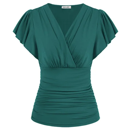 GK-blusa ajustada para mujer, Tops fruncidos informales de manga corta con volantes, con cuello en V, Tops femeninos