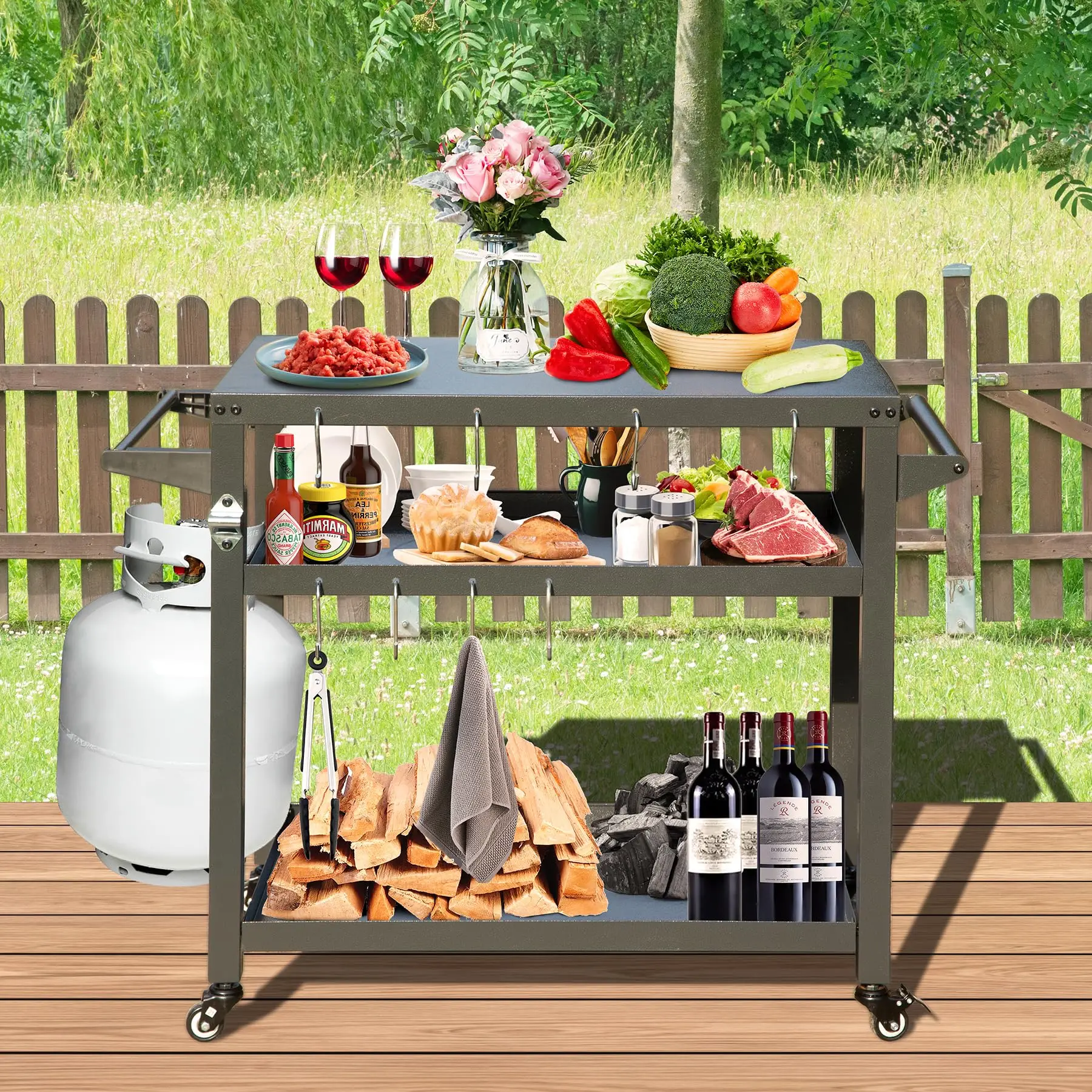 

107X55cm Movable Outdoor Grill Cart Table 3 Storage Shelves Hooks for Kitchen BBQ Worktable Trolley Food Prep Workstation