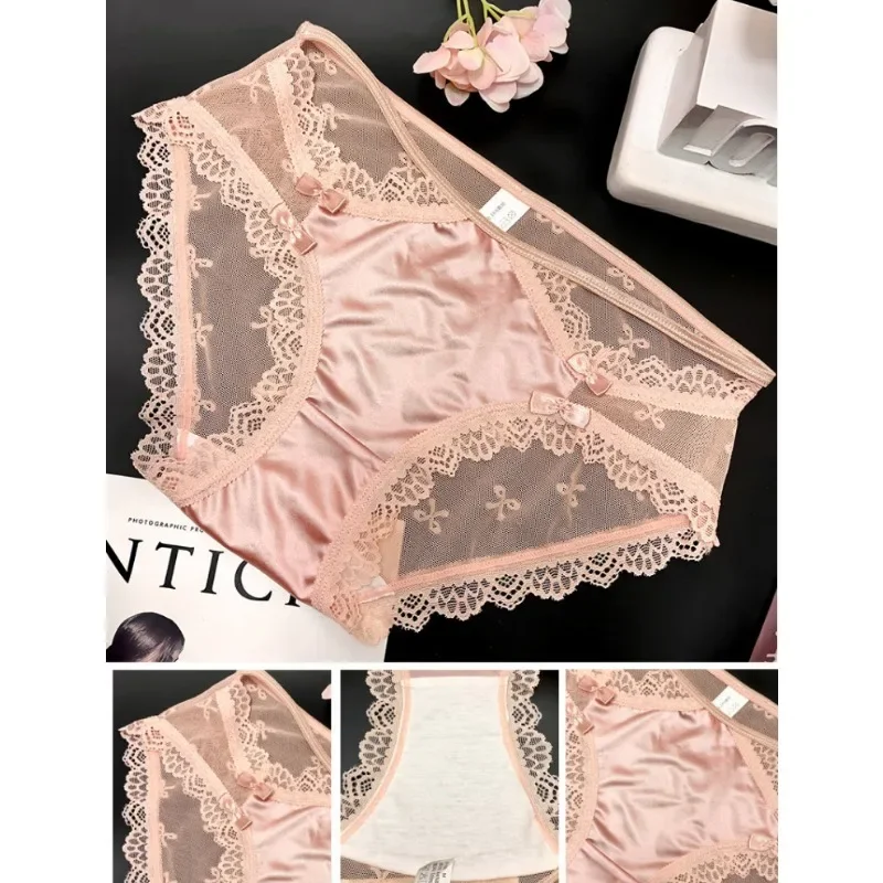 Japanese Style Girl's Hollow Bow Sweet Lace Panties Women's Transparent Pure Cotton Crotch Sexy Thin Briefs Mid-Waist Underwear