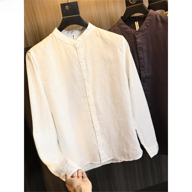 High-End Linen Cotton Men's Summer Thin Long Sleeve Shirt Casual Stand Collar Breathable Lightweight Classic Fit  Color