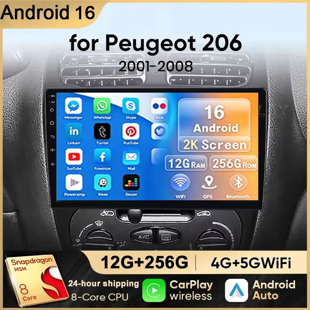 Car Radio For Peugeot 206 206CC 206SW 2001 - 2008 wireless CarPlay Android 16 Auto car intelligent systems No 2 din 2din DVD