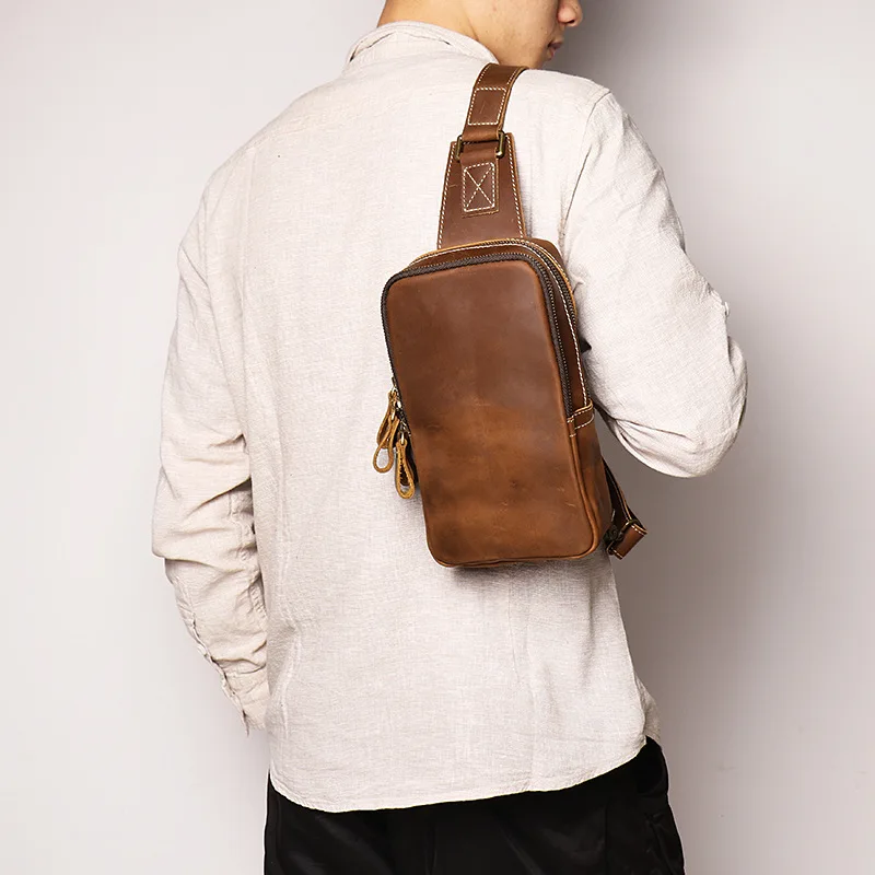 Men's leather breast bag women's crazy horse leather cross body large capacity one shoulder cowhine breast bag