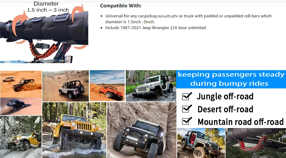 2x Roll Bar Haltegriffe Griff für Jeep Wrangler YJ TJ JK JKU JL JLU Sports Sahara Freedom Rubicon Unlimited X Gladiator – Detail 2