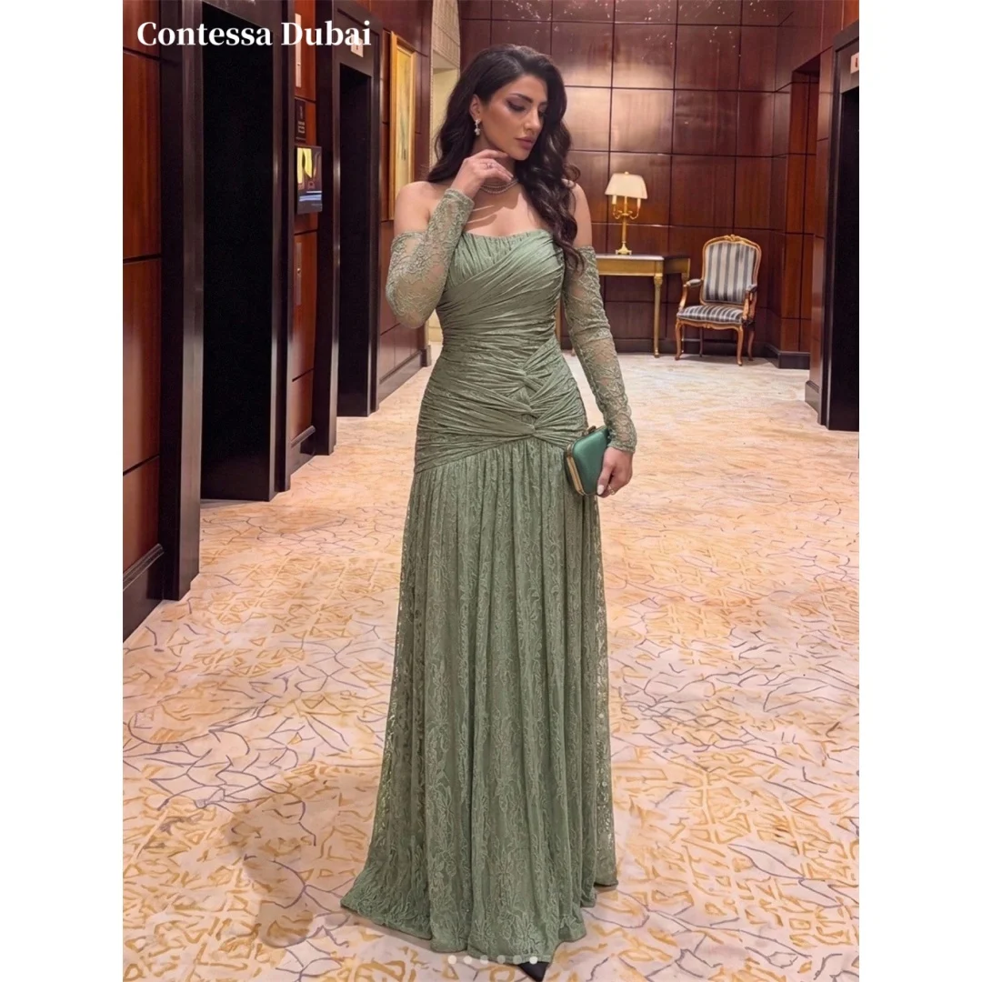 Contessa Custom Strapless Prom Dresses Lace Embroidery Multilayer Pleats Vestidos De Noche Sheath Floor Length Formal Evening