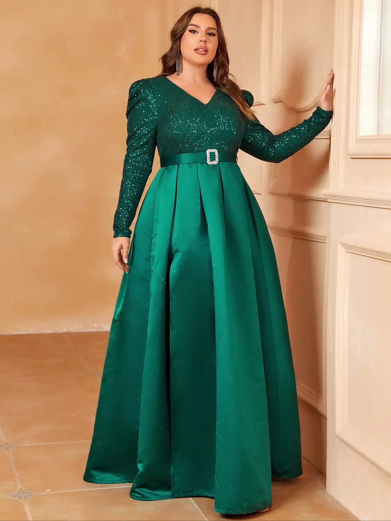 Robe en Satin à Paillettes et Manches Gigot, avec Ceinture, pour Abonnés Plus